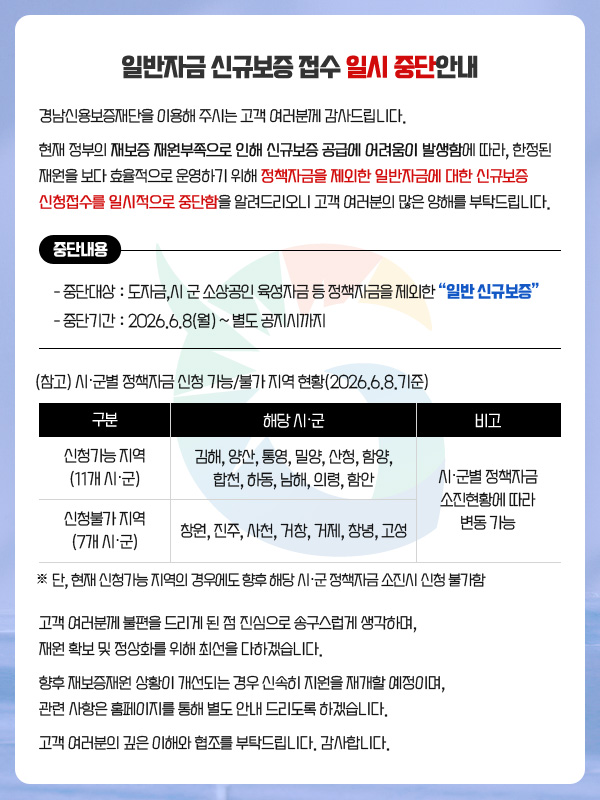 일반자금 신규보증 접수 일시 중단 안내. 중단대상 : 도자금, 시 군 소상공인 육성자금 등 정책자금을 제외한 '일반 신규보증'. 중단기간 : 2026.6.8(월) ~ 별도 공지시까지