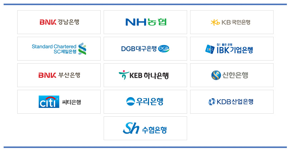경남은행(은행로고)
			농협은행
			국민은행
			SC제일은행
			대구은행
			기업은행
			부산은행
			하나은행
			신한은행
			씨티은행
			우리은행
			산업은행
                        수협은행